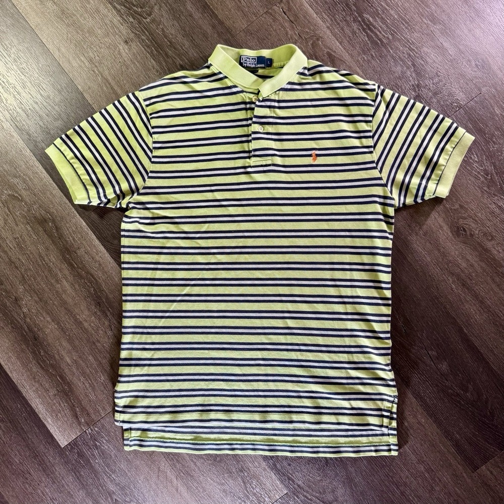 Polo Ralph Lauren Striped Polo Mens L Yellow Navy Blue Pony Logo Cotton Pique